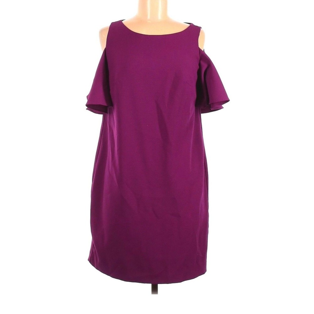 Leslie Fay Purple Plum Cold Shoulder Ruffle Sleeve Midi Shift Dress Size 6